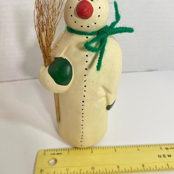Vintage Snowman Figurine with Green Hat & Scarf Holding Broomstick - Rustic Wint - Picture 9 of 10